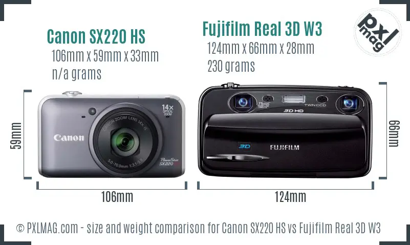 Canon SX220 HS vs Fujifilm Real 3D W3 size comparison