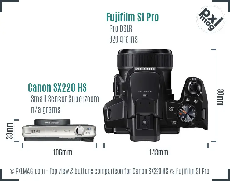 Canon SX220 HS vs Fujifilm S1 Pro top view buttons comparison