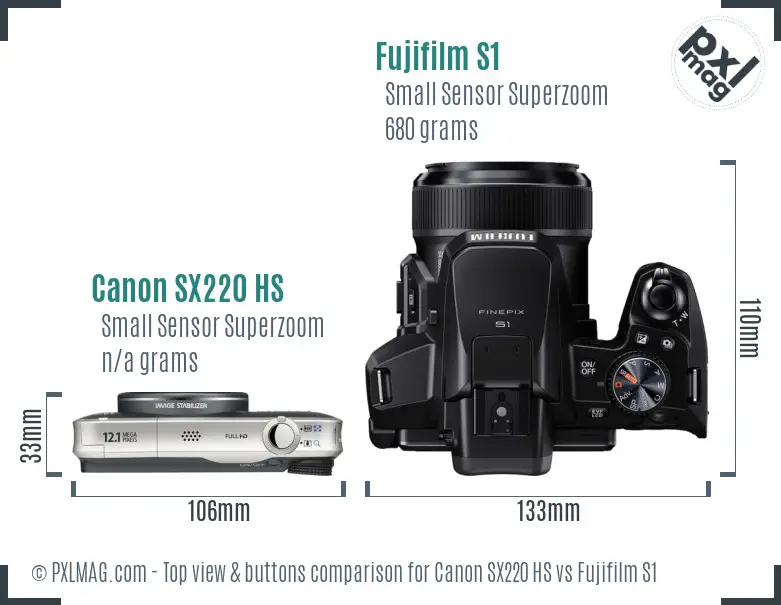 Canon SX220 HS vs Fujifilm S1 top view buttons comparison