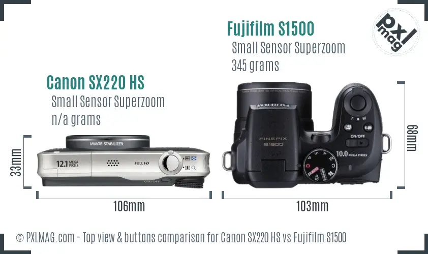 Canon SX220 HS vs Fujifilm S1500 top view buttons comparison