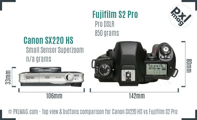 Canon SX220 HS vs Fujifilm S2 Pro top view buttons comparison