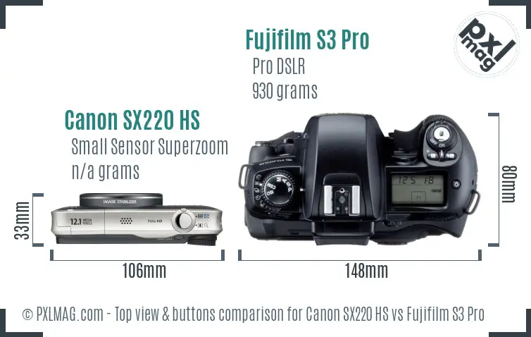 Canon SX220 HS vs Fujifilm S3 Pro top view buttons comparison