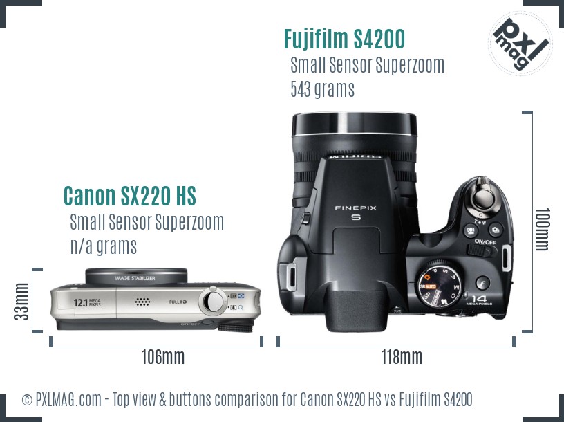 Canon SX220 HS vs Fujifilm S4200 top view buttons comparison