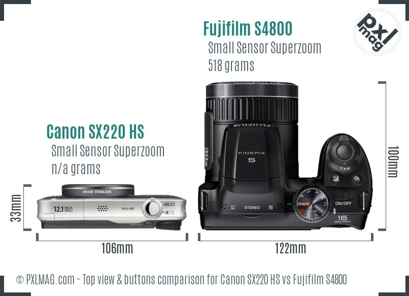 Canon SX220 HS vs Fujifilm S4800 top view buttons comparison