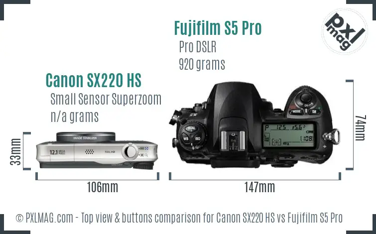 Canon SX220 HS vs Fujifilm S5 Pro top view buttons comparison