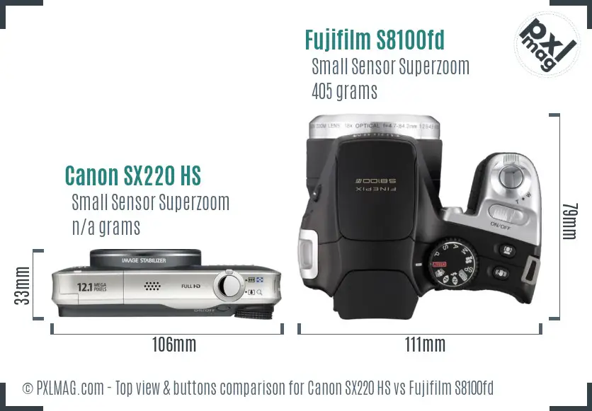 Canon SX220 HS vs Fujifilm S8100fd top view buttons comparison