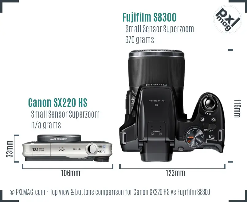 Canon SX220 HS vs Fujifilm S8300 top view buttons comparison