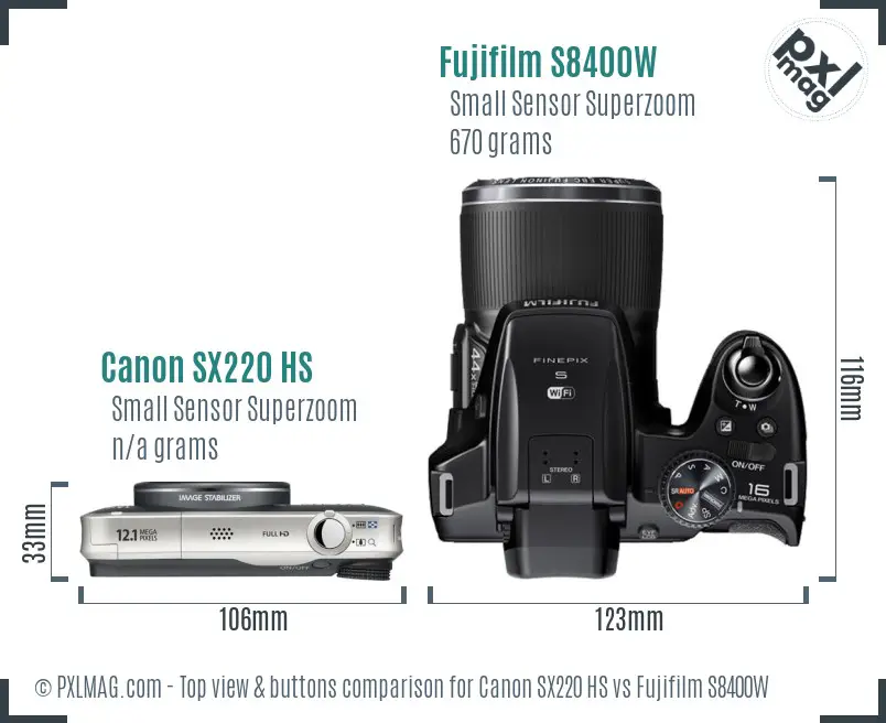 Canon SX220 HS vs Fujifilm S8400W top view buttons comparison