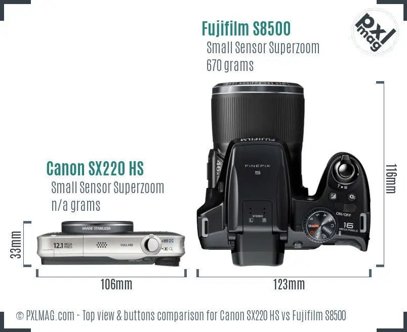 Canon SX220 HS vs Fujifilm S8500 top view buttons comparison Canon SX220 HS vs Fujifilm S8500 top view buttons comparison