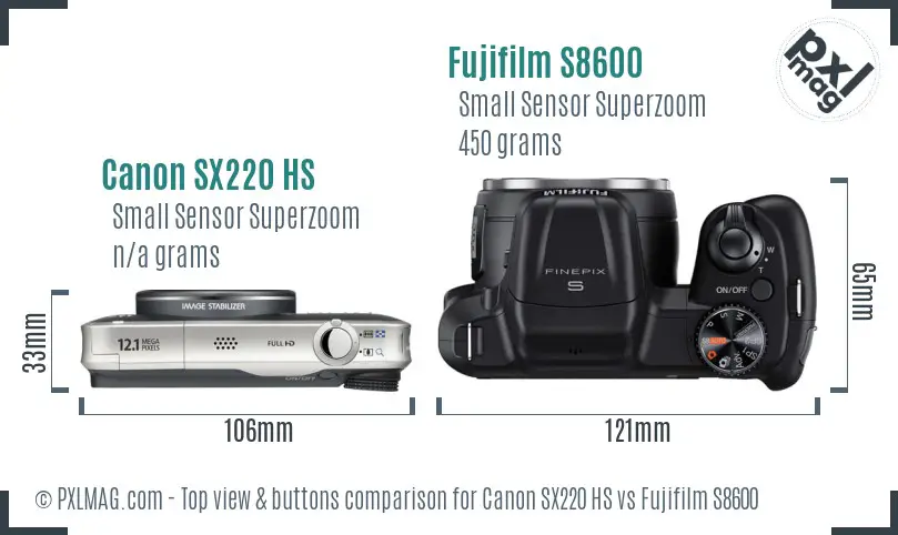 Canon SX220 HS vs Fujifilm S8600 top view buttons comparison