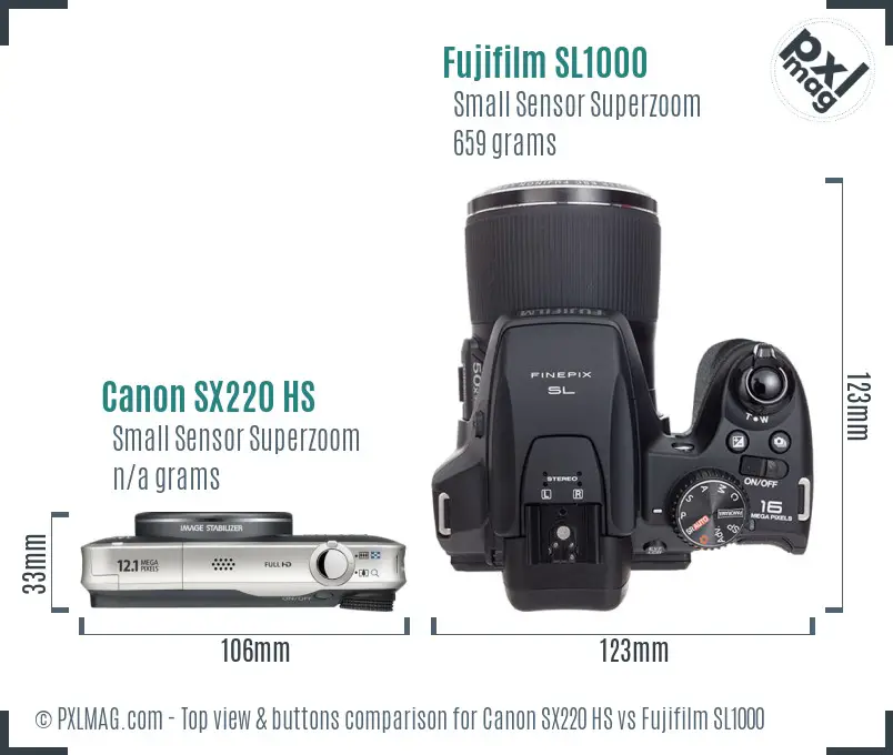 Canon SX220 HS vs Fujifilm SL1000 top view buttons comparison Canon SX220 HS vs Fujifilm SL1000 top view buttons comparison