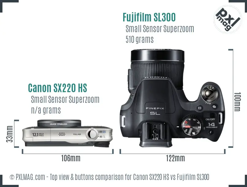 Canon SX220 HS vs Fujifilm SL300 top view buttons comparison