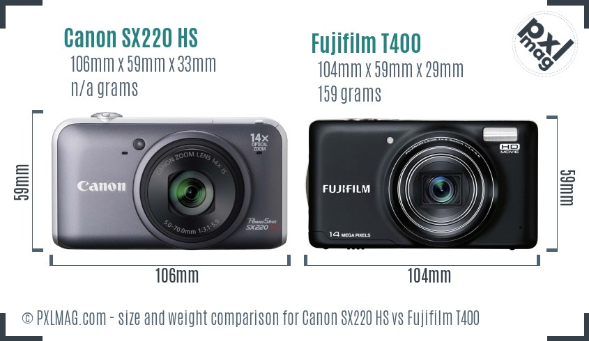 Canon SX220 HS vs Fujifilm T400 size comparison
