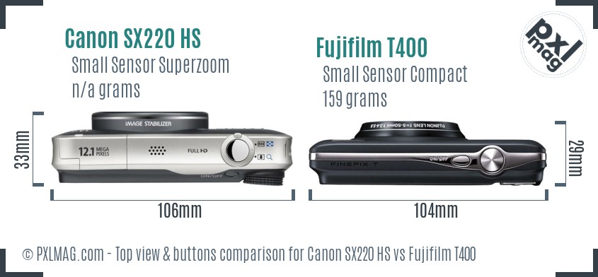 Canon SX220 HS vs Fujifilm T400 top view buttons comparison