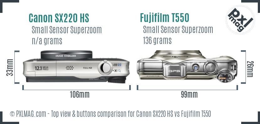 Canon SX220 HS vs Fujifilm T550 top view buttons comparison