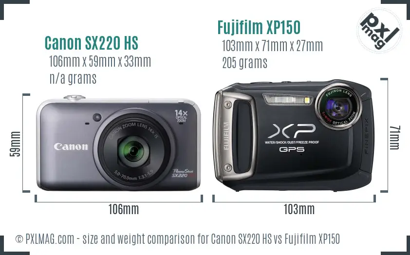 Canon SX220 HS vs Fujifilm XP150 size comparison