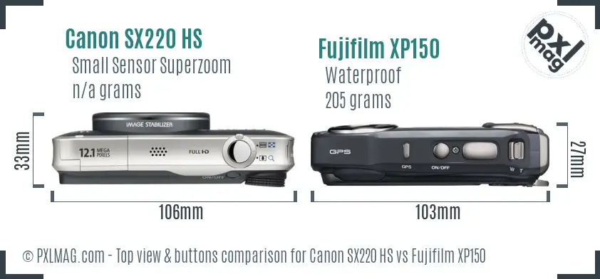 Canon SX220 HS vs Fujifilm XP150 top view buttons comparison