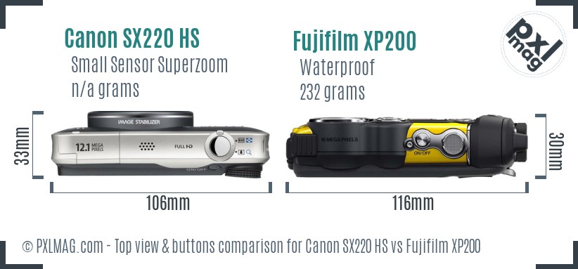 Canon SX220 HS vs Fujifilm XP200 top view buttons comparison