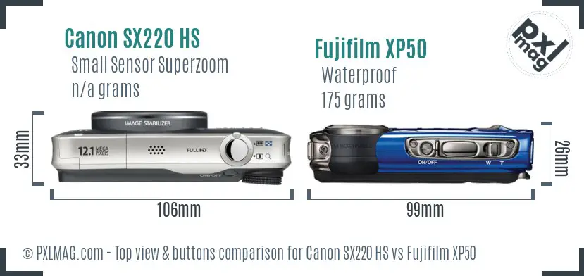 Canon SX220 HS vs Fujifilm XP50 top view buttons comparison