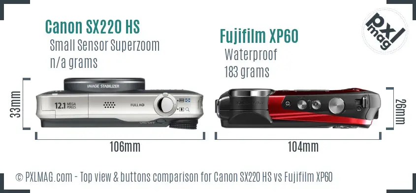 Canon SX220 HS vs Fujifilm XP60 top view buttons comparison Canon SX220 HS vs Fujifilm XP60 top view buttons comparison