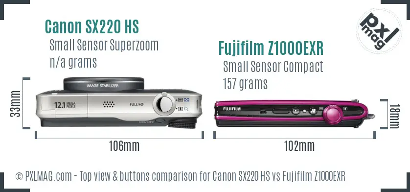 Canon SX220 HS vs Fujifilm Z1000EXR top view buttons comparison