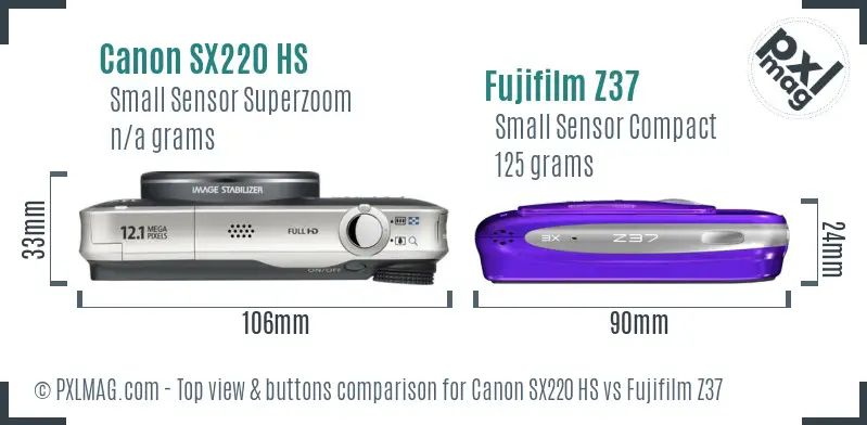 Canon SX220 HS vs Fujifilm Z37 top view buttons comparison