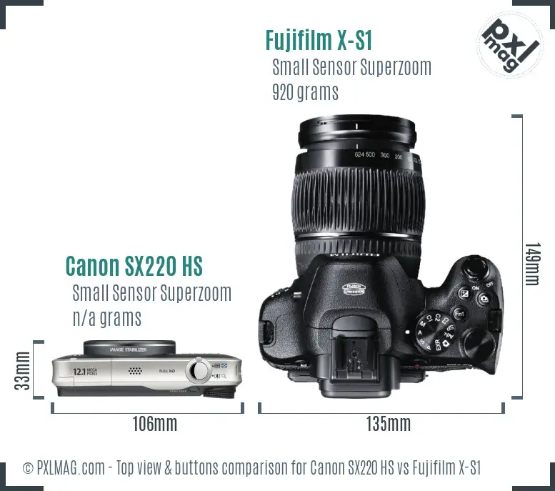 Canon SX220 HS vs Fujifilm X-S1 top view buttons comparison