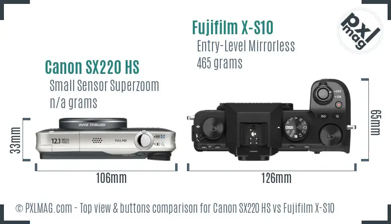 Canon SX220 HS vs Fujifilm X-S10 top view buttons comparison Canon SX220 HS vs Fujifilm X-S10 top view buttons comparison