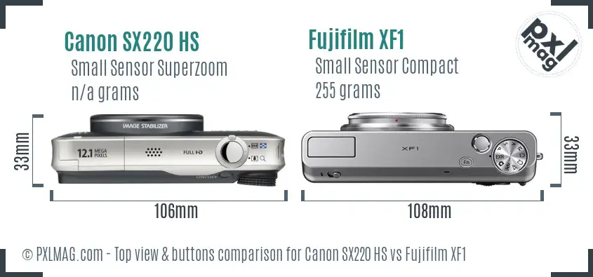 Canon SX220 HS vs Fujifilm XF1 top view buttons comparison Canon SX220 HS vs Fujifilm XF1 top view buttons comparison