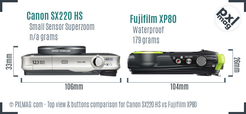 Canon SX220 HS vs Fujifilm XP80 top view buttons comparison