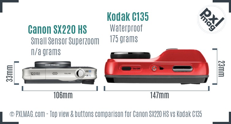 Canon SX220 HS vs Kodak C135 top view buttons comparison