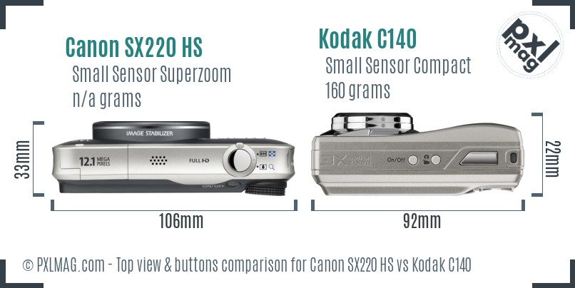 Canon SX220 HS vs Kodak C140 top view buttons comparison