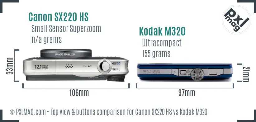 Canon SX220 HS vs Kodak M320 top view buttons comparison