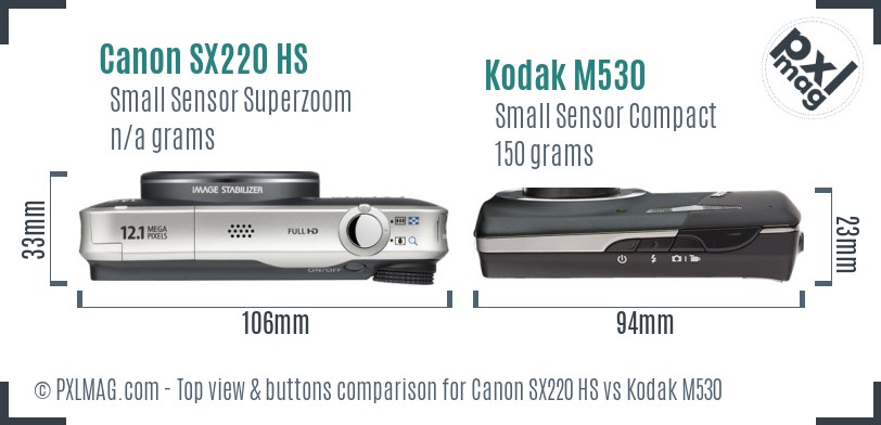 Canon SX220 HS vs Kodak M530 top view buttons comparison