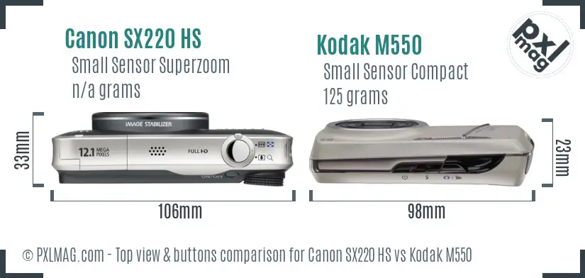 Canon SX220 HS vs Kodak M550 top view buttons comparison