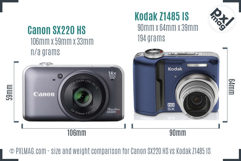 Canon SX220 HS vs Kodak Z1485 IS size comparison