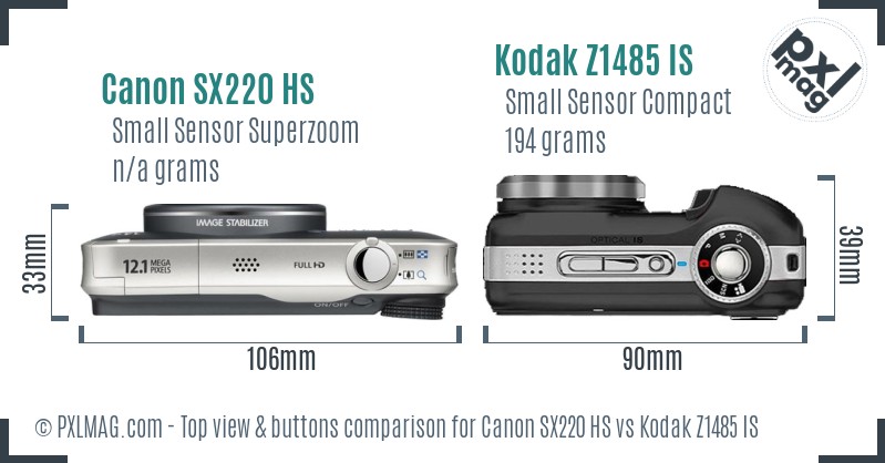 Canon SX220 HS vs Kodak Z1485 IS top view buttons comparison