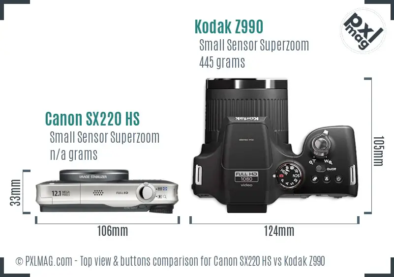 Canon SX220 HS vs Kodak Z990 top view buttons comparison