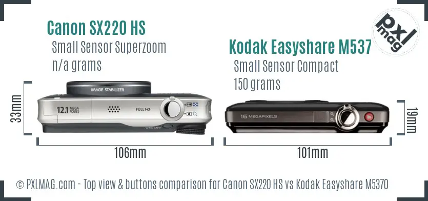 Canon SX220 HS vs Kodak Easyshare M5370 top view buttons comparison Canon SX220 HS vs Kodak Easyshare M5370 top view buttons comparison