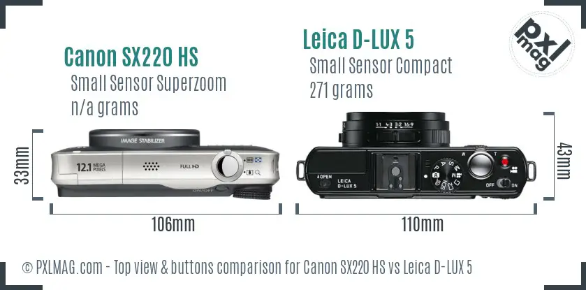 Canon SX220 HS vs Leica D-LUX 5 top view buttons comparison Canon SX220 HS vs Leica D-LUX 5 top view buttons comparison