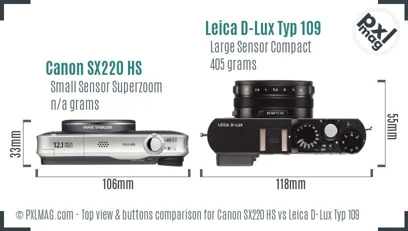 Canon SX220 HS vs Leica D-Lux Typ 109 top view buttons comparison
