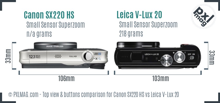 Canon SX220 HS vs Leica V-Lux 20 top view buttons comparison