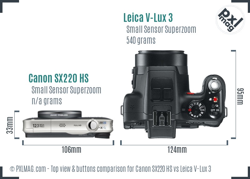 Canon SX220 HS vs Leica V-Lux 3 top view buttons comparison