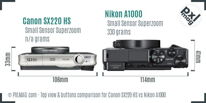 Canon SX220 HS vs Nikon A1000 top view buttons comparison