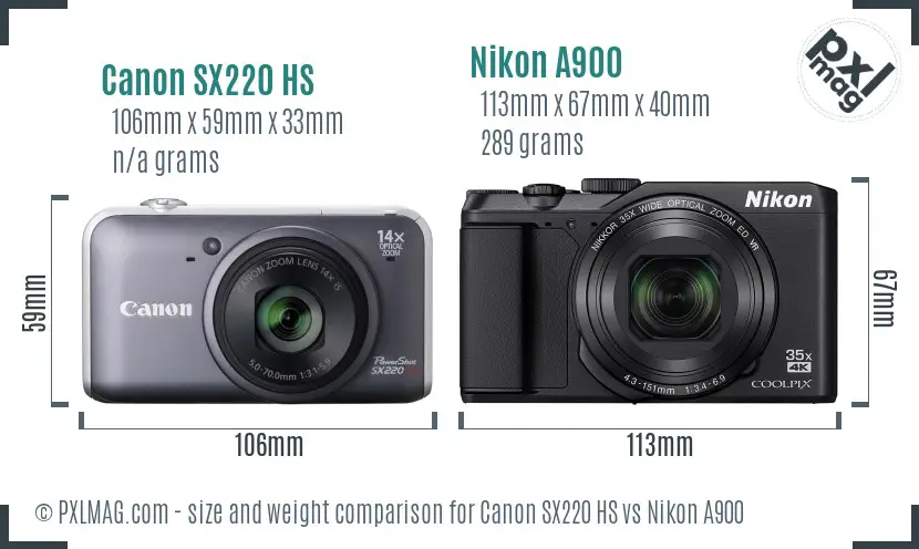Canon SX220 HS vs Nikon A900 size comparison