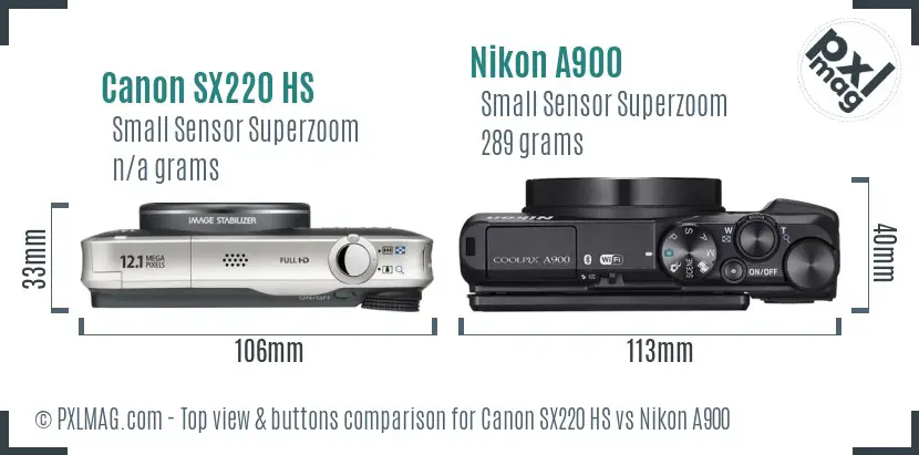 Canon SX220 HS vs Nikon A900 top view buttons comparison