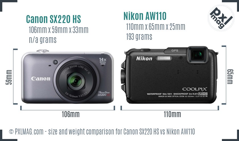 Canon SX220 HS vs Nikon AW110 size comparison