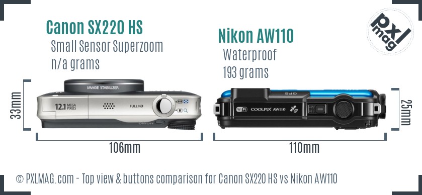 Canon SX220 HS vs Nikon AW110 top view buttons comparison