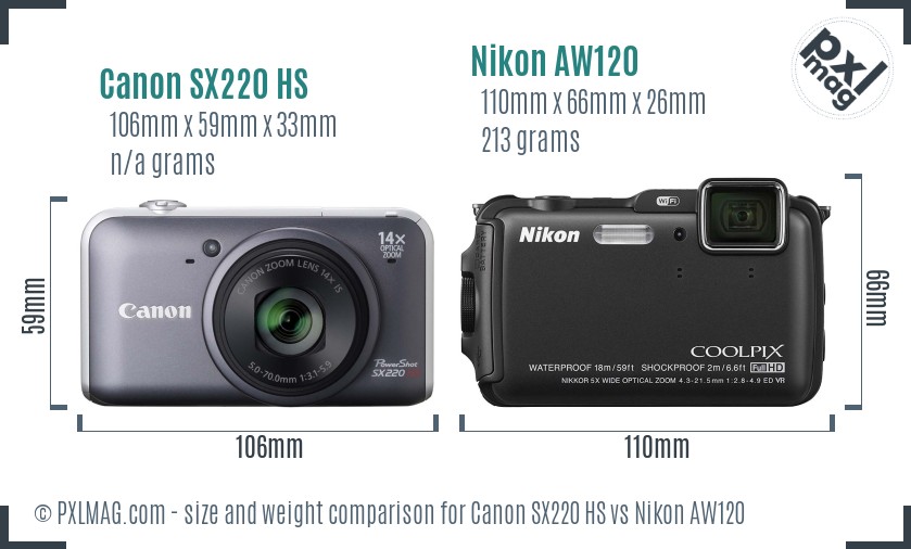 Canon SX220 HS vs Nikon AW120 size comparison