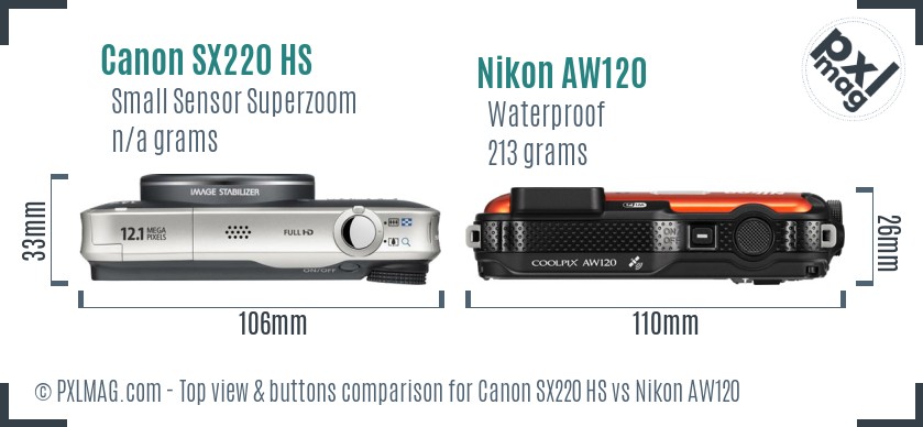Canon SX220 HS vs Nikon AW120 top view buttons comparison